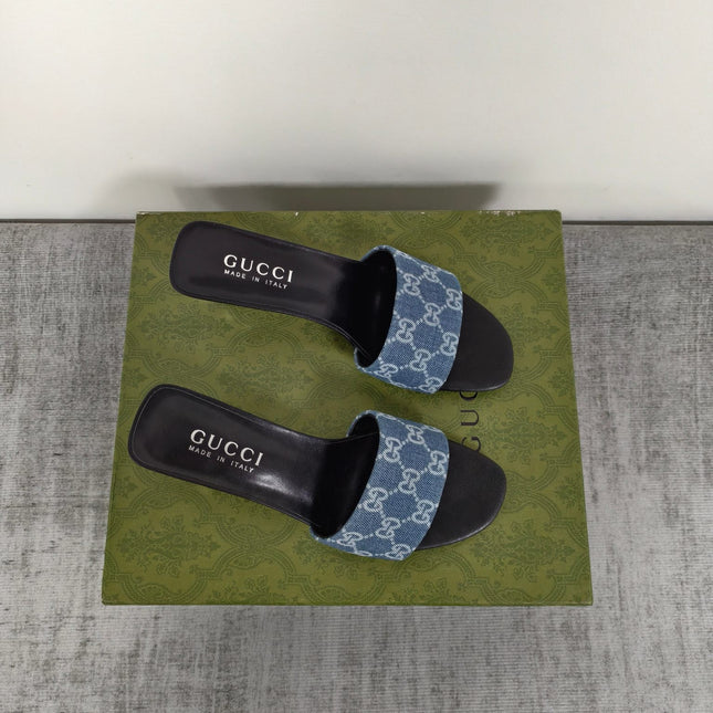 GUCCI 26S MULE SANDALS 55MM IN BLUE GG DENIM
