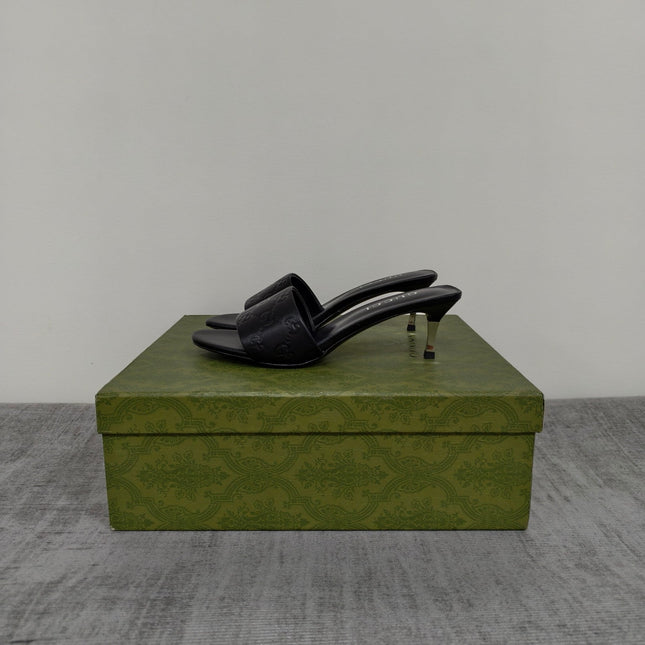 GUCCI 26S MULE SANDALS 55MM IN BLACK CALFSKIN GG EMBOSSED