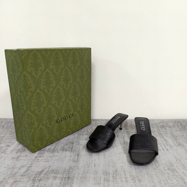 GUCCI 26S MULE SANDALS 55MM IN BLACK CALFSKIN GG EMBOSSED