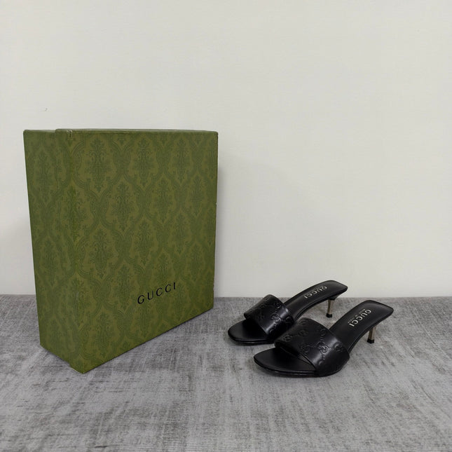 GUCCI 26S MULE SANDALS 55MM IN BLACK CALFSKIN GG EMBOSSED