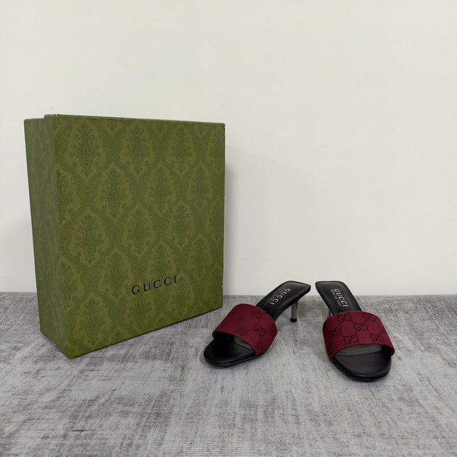 GUCCI 26S MULE SANDALS 55MM IN DARK RED GG CANVAS