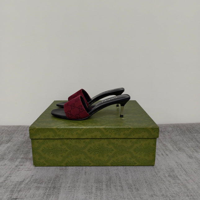 GUCCI 26S MULE SANDALS 55MM IN DARK RED GG CANVAS