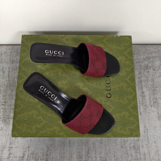 GUCCI 26S MULE SANDALS 55MM IN DARK RED GG CANVAS