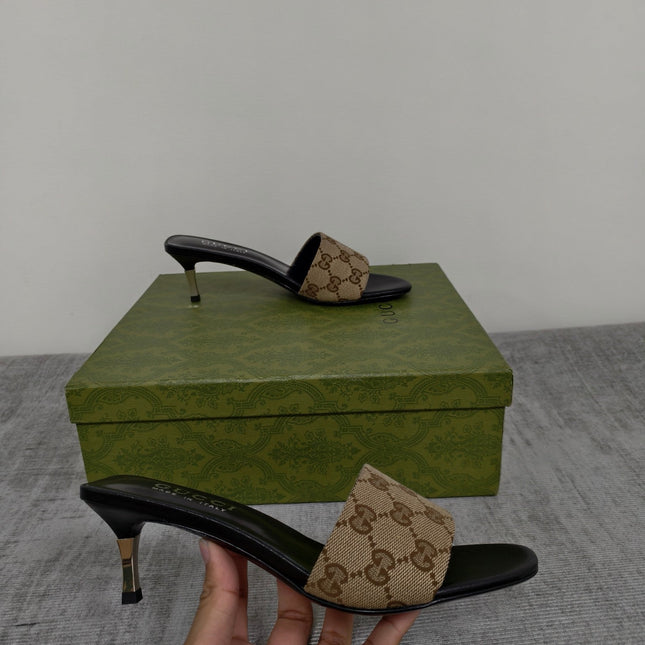 GUCCI 26S MULE SANDALS 55MM IN BEIGE BROWN GG CANVAS