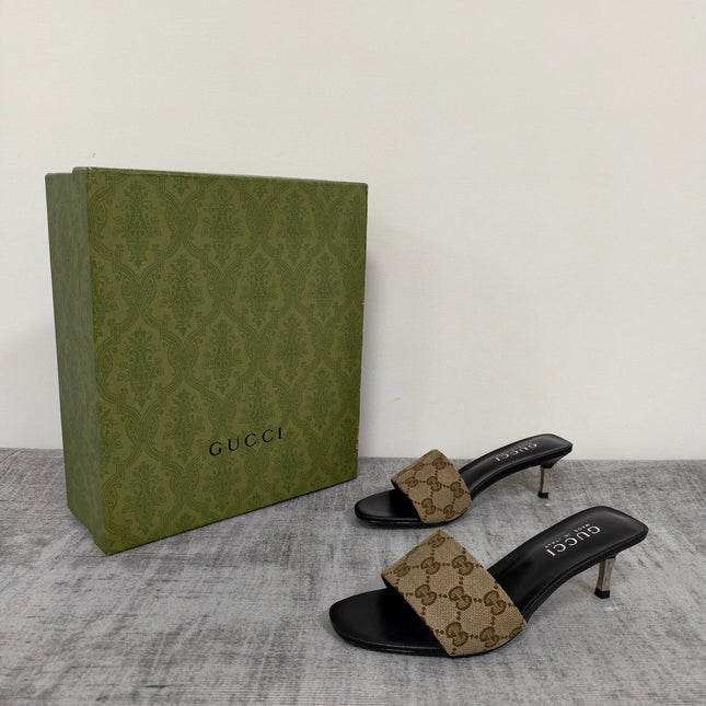 GUCCI 26S MULE SANDALS 55MM IN BEIGE BROWN GG CANVAS