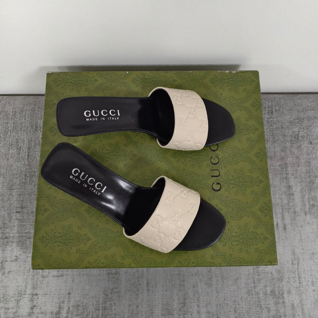 GUCCI 26S MULE SANDALS 55MM IN IVORY WHITE CALFSKIN GG EMBOSSED