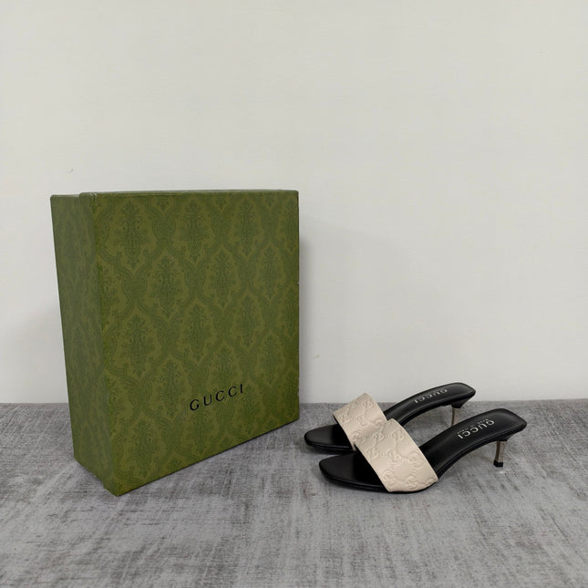 GUCCI 26S MULE SANDALS 55MM IN IVORY WHITE CALFSKIN GG EMBOSSED