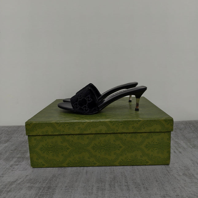 GUCCI 26S MULE SANDALS 55MM IN BLACK VELVET GG EMBOSSED