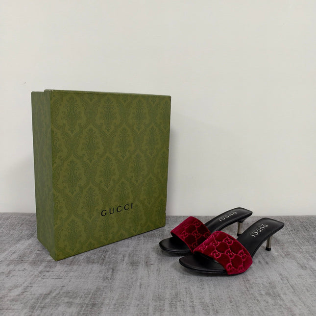 GUCCI 26S MULE SANDALS 55MM IN DARK RED VELVET GG EMBOSSED