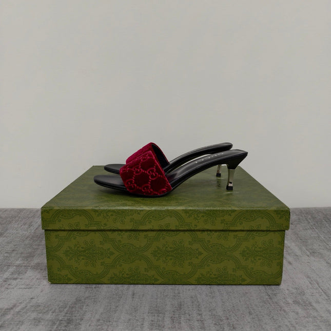 GUCCI 26S MULE SANDALS 55MM IN DARK RED VELVET GG EMBOSSED