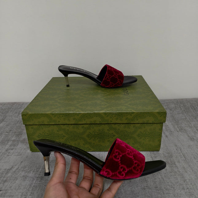 GUCCI 26S MULE SANDALS 55MM IN DARK RED VELVET GG EMBOSSED