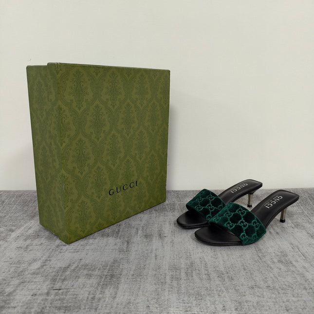 GUCCI 26S MULE SANDALS 55MM IN DARK GREEN VELVET GG EMBOSSED