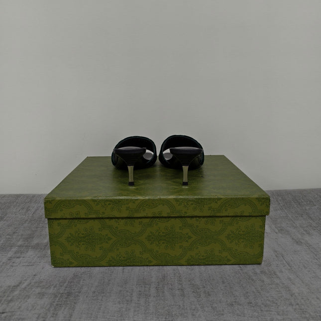 GUCCI 26S MULE SANDALS 55MM IN DARK GREEN VELVET GG EMBOSSED