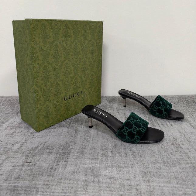 GUCCI 26S MULE SANDALS 55MM IN DARK GREEN VELVET GG EMBOSSED