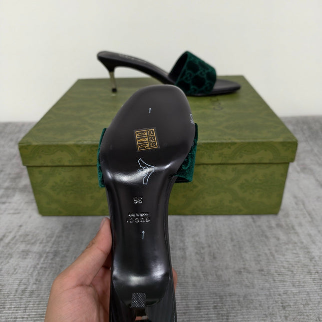 GUCCI 26S MULE SANDALS 55MM IN DARK GREEN VELVET GG EMBOSSED