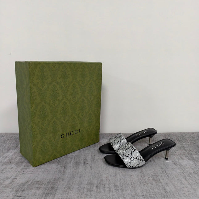 GUCCI 26S MULE SANDALS 55MM IN SILVER SATIN CRYSTAL GG