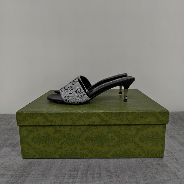 GUCCI 26S MULE SANDALS 55MM IN SILVER SATIN CRYSTAL GG