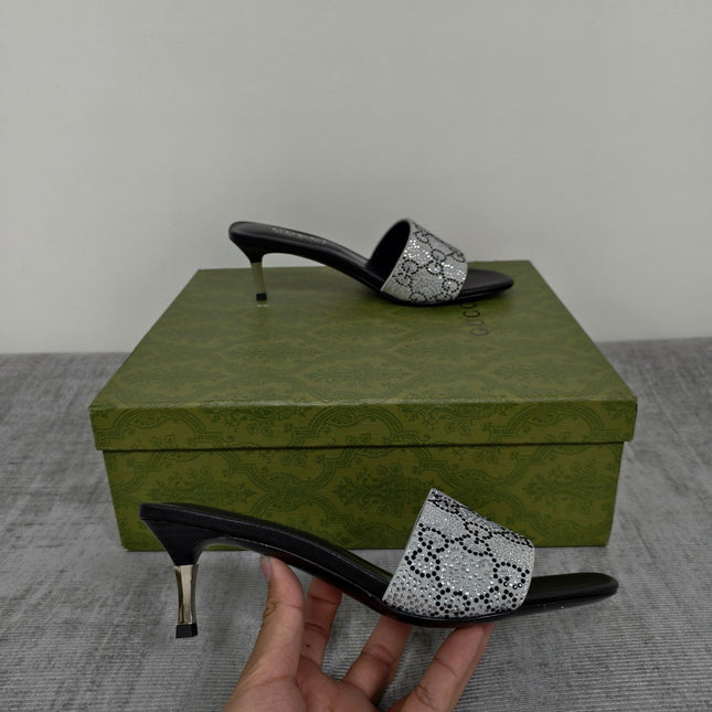 GUCCI 26S MULE SANDALS 55MM IN SILVER SATIN CRYSTAL GG