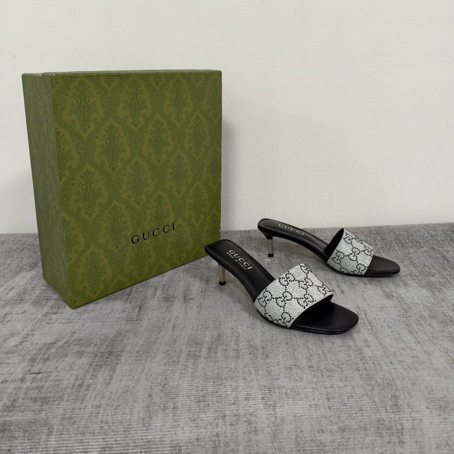 GUCCI 26S MULE SANDALS 55MM IN SILVER SATIN CRYSTAL GG