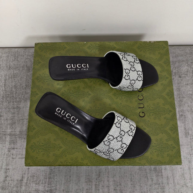 GUCCI 26S MULE SANDALS 55MM IN SILVER SATIN CRYSTAL GG