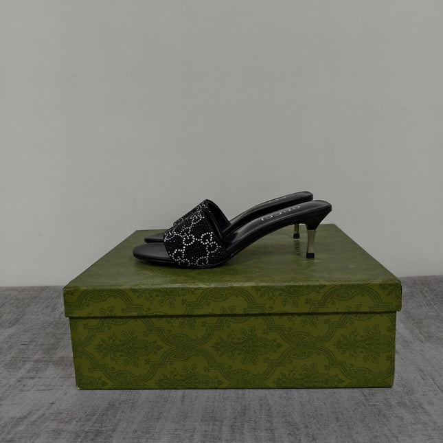 GUCCI 26S MULE SANDALS 55MM IN BLACK SATIN CRYSTAL GG