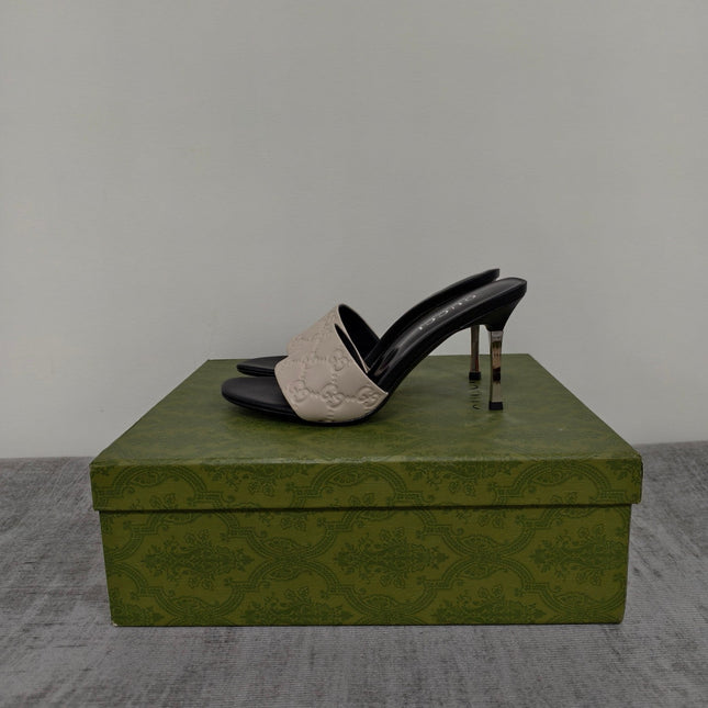 GUCCI 26S MULE SANDALS 85MM IN IVORY WHITE CALFSKIN GG EMBOSSED