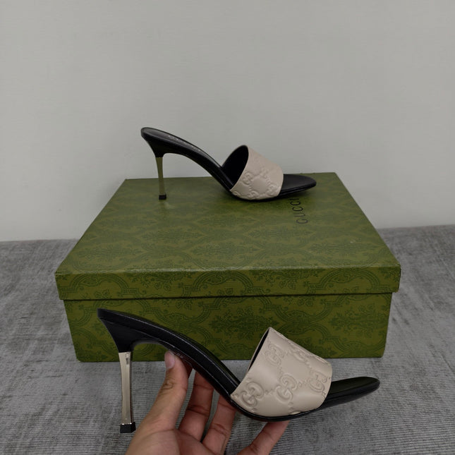 GUCCI 26S MULE SANDALS 85MM IN IVORY WHITE CALFSKIN GG EMBOSSED