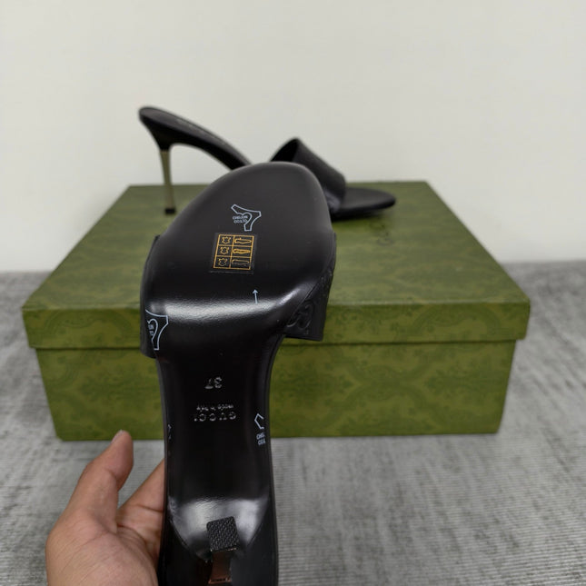 GUCCI 26S MULE SANDALS 85MM IN BLACK CALFSKIN GG EMBOSSED