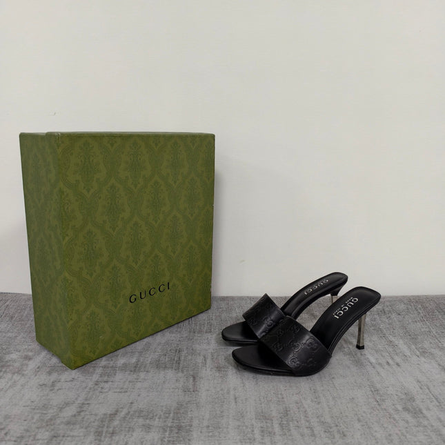 GUCCI 26S MULE SANDALS 85MM IN BLACK CALFSKIN GG EMBOSSED