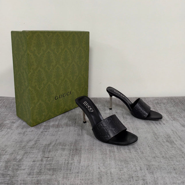 GUCCI 26S MULE SANDALS 85MM IN BLACK CALFSKIN GG EMBOSSED