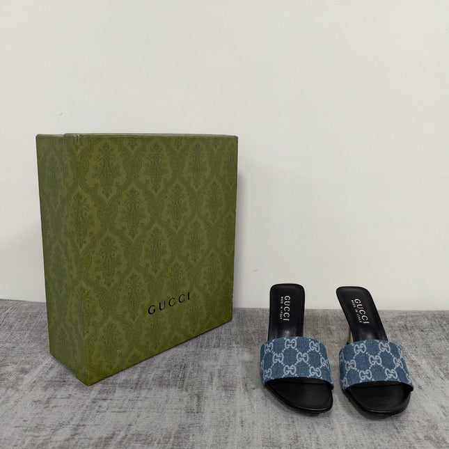 GUCCI 26S MULE SANDALS 85MM IN BLUE GG DENIM
