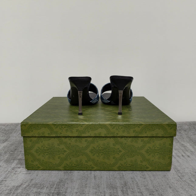 GUCCI 26S MULE SANDALS 85MM IN BLUE GG DENIM