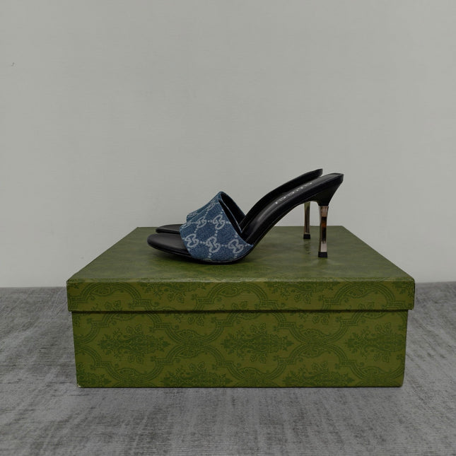 GUCCI 26S MULE SANDALS 85MM IN BLUE GG DENIM