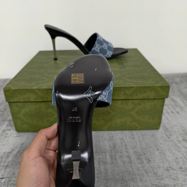 GUCCI 26S MULE SANDALS 85MM IN BLUE GG DENIM