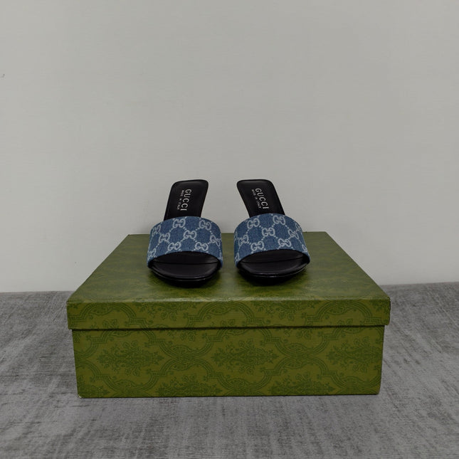 GUCCI 26S MULE SANDALS 85MM IN BLUE GG DENIM