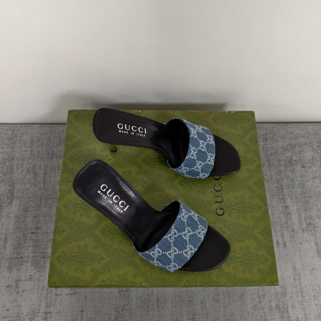 GUCCI 26S MULE SANDALS 85MM IN BLUE GG DENIM