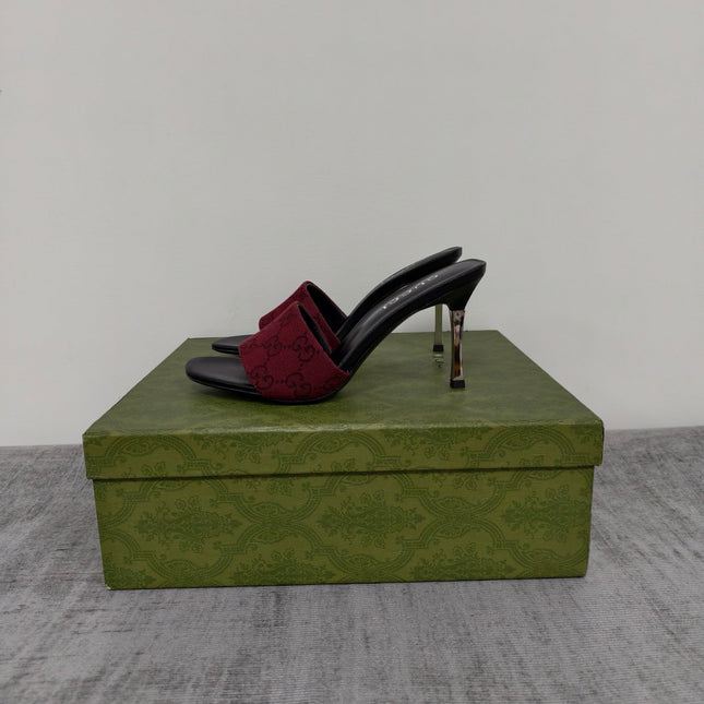 GUCCI 26S MULE SANDALS 85MM IN DARK RED GG CANVAS