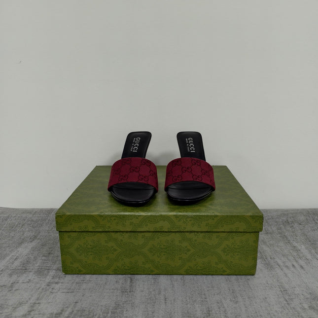 GUCCI 26S MULE SANDALS 85MM IN DARK RED GG CANVAS