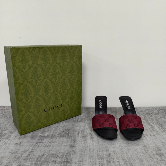 GUCCI 26S MULE SANDALS 85MM IN DARK RED GG CANVAS