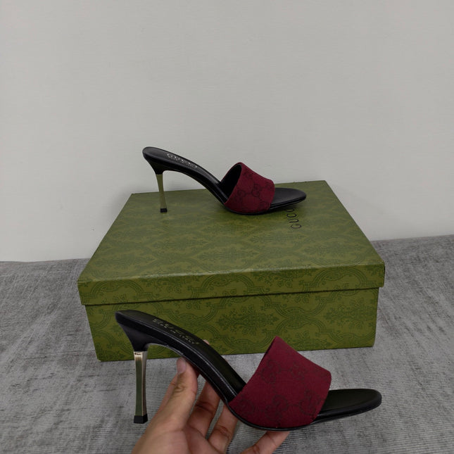 GUCCI 26S MULE SANDALS 85MM IN DARK RED GG CANVAS