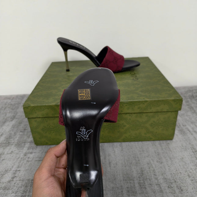 GUCCI 26S MULE SANDALS 85MM IN DARK RED GG CANVAS
