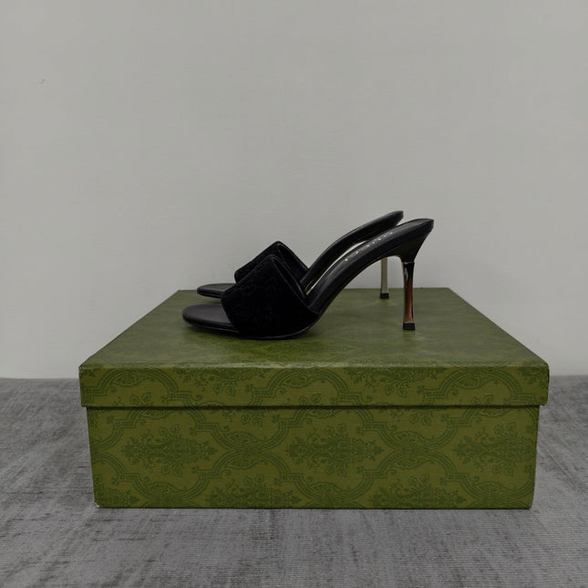 GUCCI 26S MULE SANDALS 85MM IN BLACK VELVET GG EMBOSSED