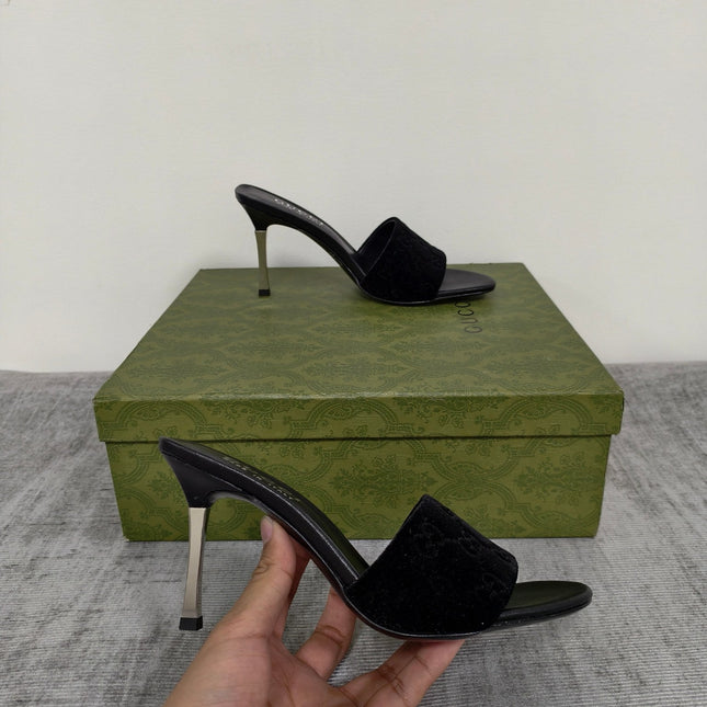 GUCCI 26S MULE SANDALS 85MM IN BLACK VELVET GG EMBOSSED