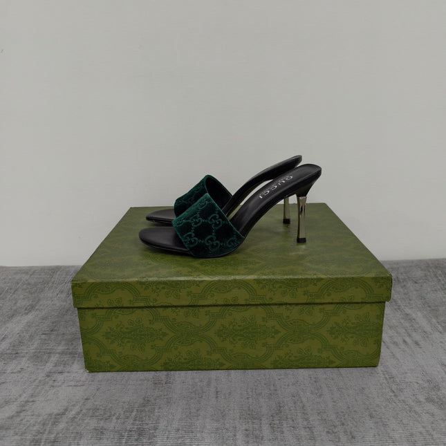 GUCCI 26S MULE SANDALS 85MM IN DARK GREEN VELVET GG EMBOSSED