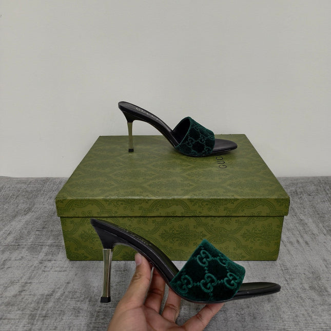 GUCCI 26S MULE SANDALS 85MM IN DARK GREEN VELVET GG EMBOSSED
