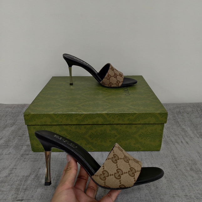 GUCCI 26S MULE SANDALS 85MM IN BEIGE BROWN GG CANVAS