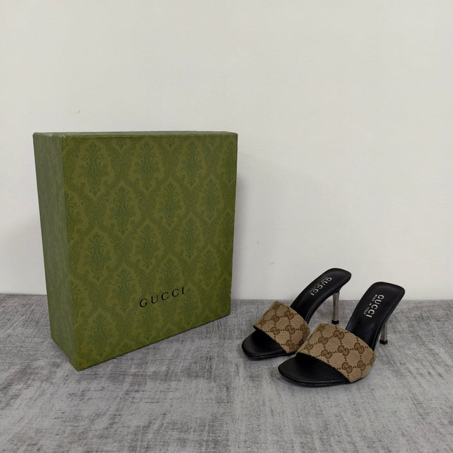 GUCCI 26S MULE SANDALS 85MM IN BEIGE BROWN GG CANVAS