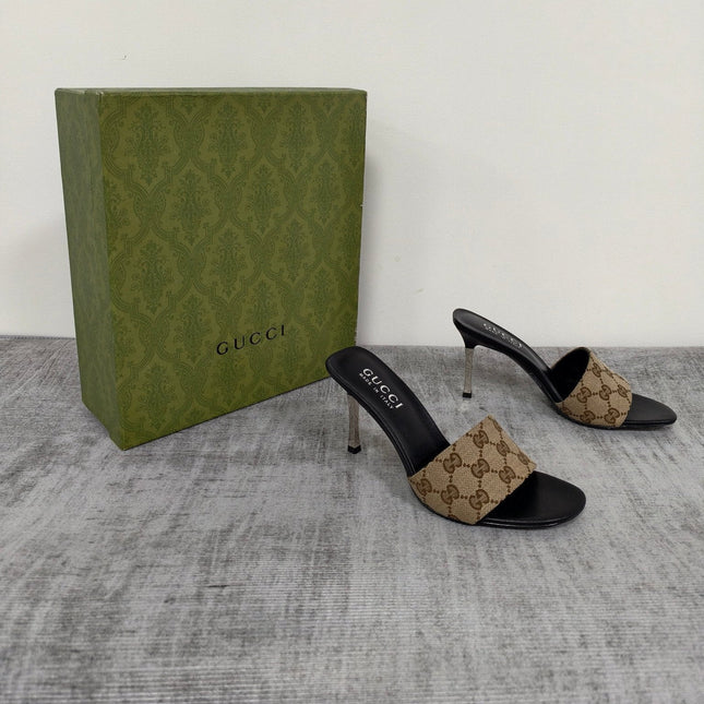 GUCCI 26S MULE SANDALS 85MM IN BEIGE BROWN GG CANVAS