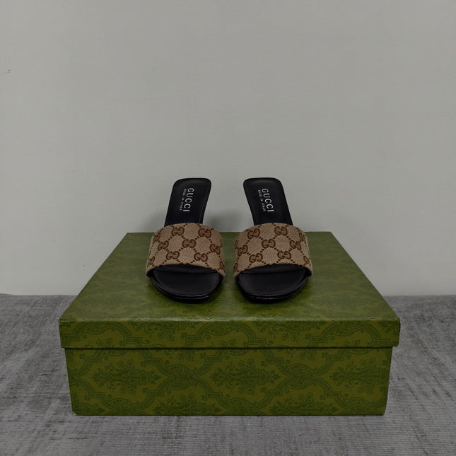 GUCCI 26S MULE SANDALS 85MM IN BEIGE BROWN GG CANVAS