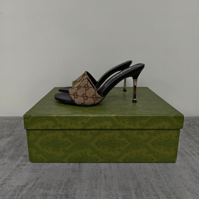 GUCCI 26S MULE SANDALS 85MM IN BEIGE BROWN GG CANVAS